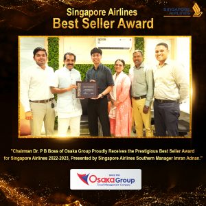 Chairman Dr. P B Boss of Osaka Group Proudly Receives the Prestigious Best Seller Award for Singapore Airlines 2022-2023, Presented by Singapore Airlines Southern Manager Imran Adnan.